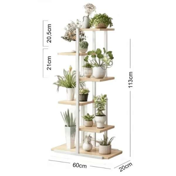 Suport decorativ pentru flori cu 6 rafturi – Design modern alb și maro, durabil și ușor de montat [3]