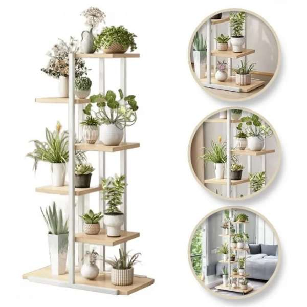 Suport Decorativ pentru Flori 6 Rafturi din Placi Laminte Cadru Metalic 113x60x20 cm Alb cu Maro - IoArtify.ro [2]