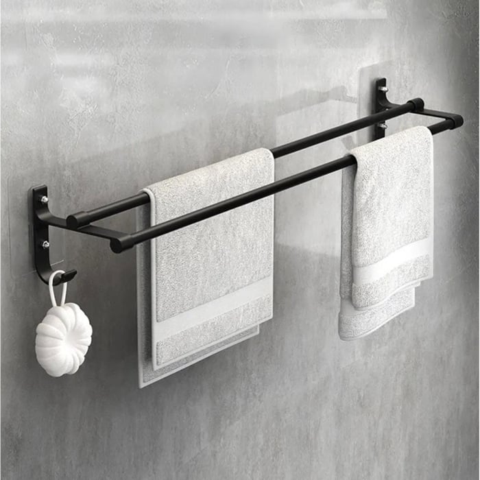 Suport din aluminiu pentru 2 prosoape și 2 cuiere, negru mat, 60 cm, rezistent la umiditate și abraziune [1]