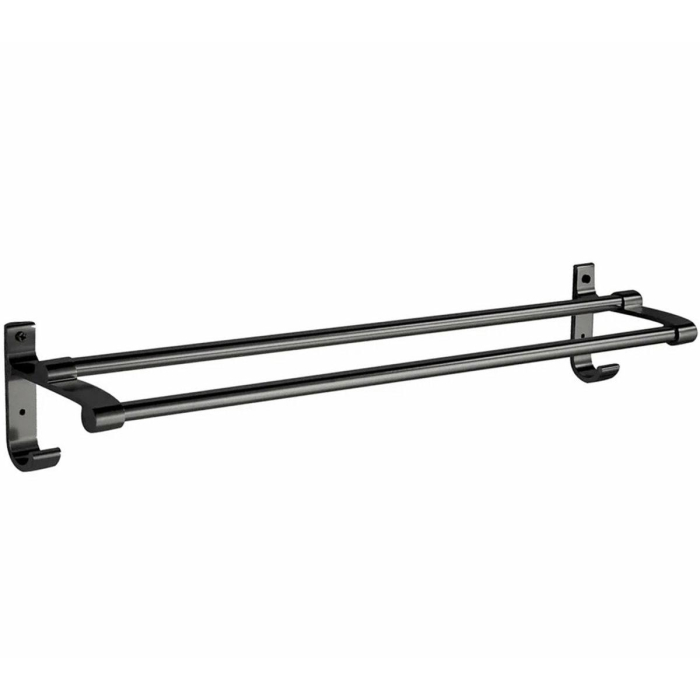 Suport din aluminiu pentru 2 prosoape și 2 cuiere, negru mat, 60 cm, rezistent la umiditate și abraziune [2]