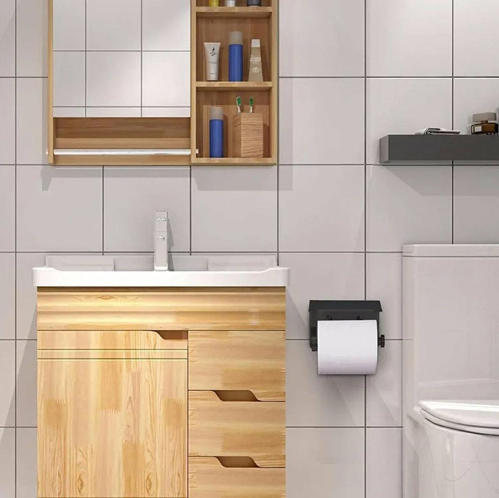 Suport pentru hartie igienica cu raft suplimentar din otel culoare neagra cu brat auriu capacitate mare - IoArtify.ro [6]
