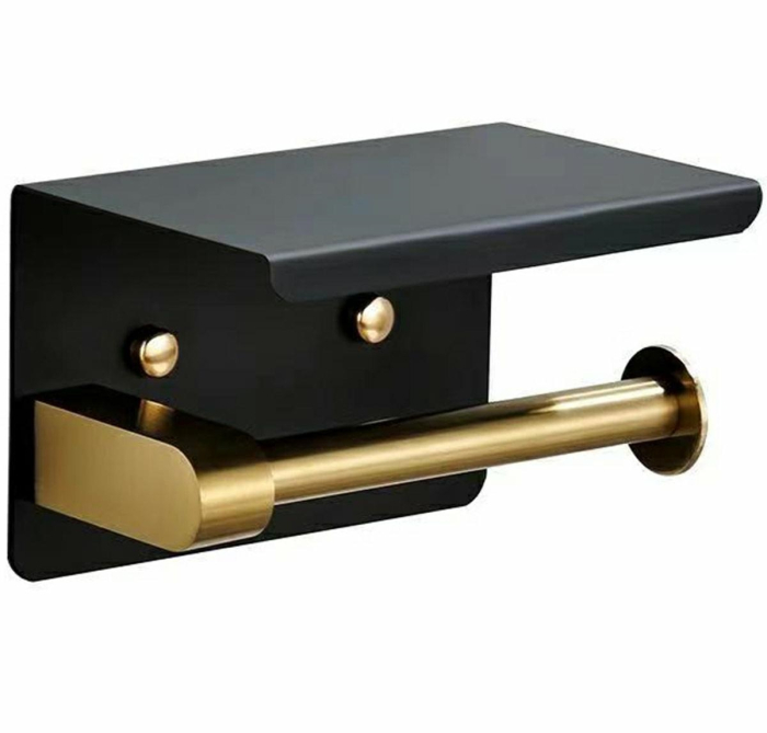 Suport pentru hartie igienica cu raft suplimentar din otel culoare neagra cu brat auriu capacitate mare - IoArtify.ro [2]