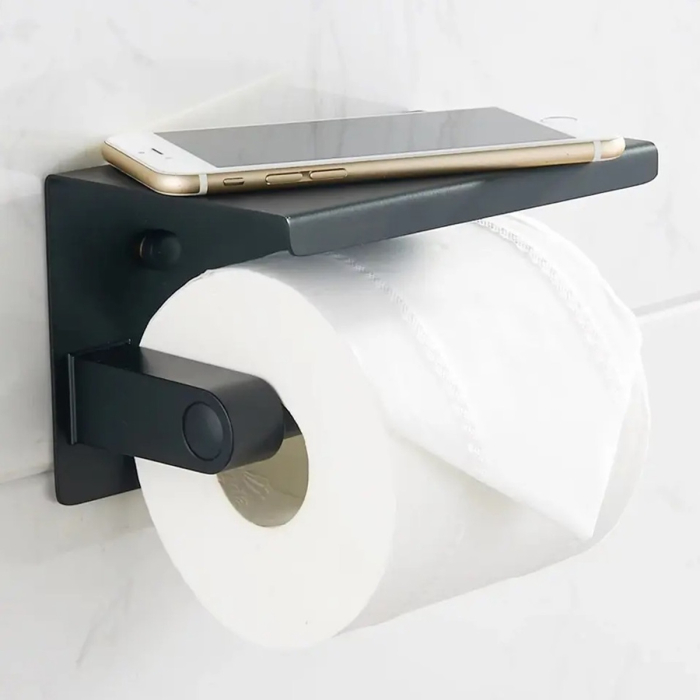 Suport pentru hartie igienica cu raft suplimentar din otel culoare neagra cu brat auriu capacitate mare - IoArtify.ro [5]