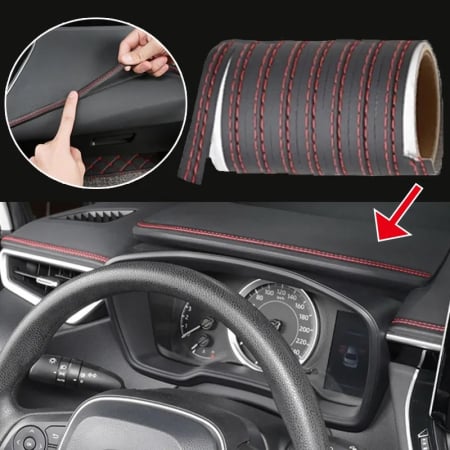 Recondiționare interior - Banda decorativa pentru interiorul vehiculului AVX-DA105 lungime 2 metri din piele ecologica neagra cu cusatura rosie – IoArtify.ro