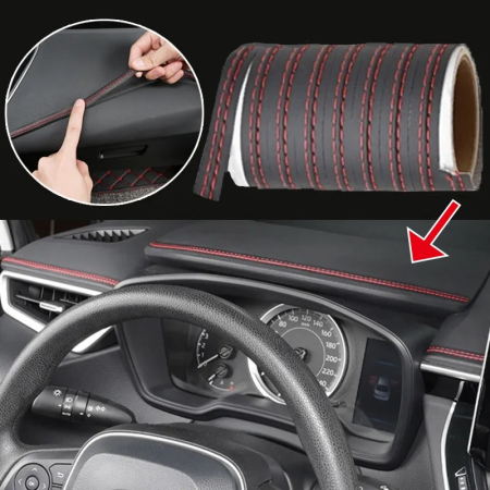 Accesorii Interior - Banda decorativă pentru interiorul mașinii, 2m, piele ecologică neagră cu cusătură roșie, ușor de instalat și elegantă