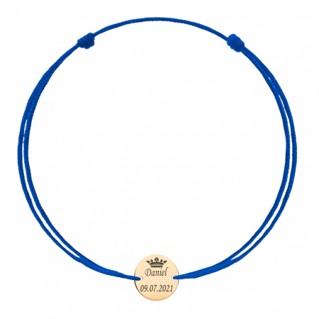 Bratari cu Banut Aur 14K - Brățară cu șnur și bănuț din aur 10mm, gravată cu nume și coroniță – Eleganță și personalizare în fiecare detaliu