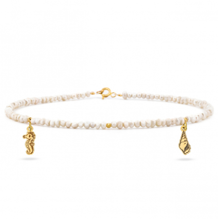 Bratari de Picior/Glezna Aur 14K - Brățară de Picior din Aur 14K cu Perle de Cultură și Detalii Marină, Rafinament și Eleganță de Vară