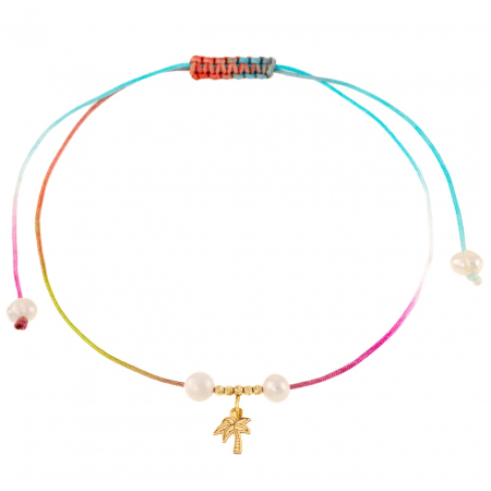 Brățări cu Aur 14K - Brățară reglabilă de picior cu palmier din aur 14K, perle de cultură și șnur multicolor - Eleganță exotică pentru vară