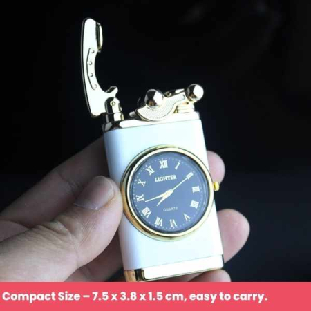 Bricheta Reincarcabila pe Gaz cu Flacara Alba Antivant si Ceas Reglabil Incorporat 7.5 x 3.8 x 1.5 cm Alb cu Auriu – IoArtify.ro [7]