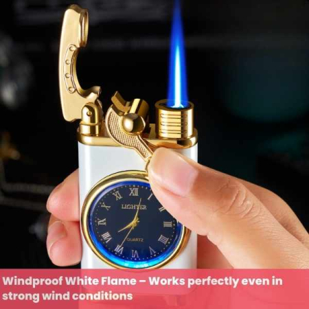 Bricheta Reincarcabila pe Gaz cu Flacara Alba Antivant si Ceas Reglabil Incorporat 7.5 x 3.8 x 1.5 cm Alb cu Auriu – IoArtify.ro [3]