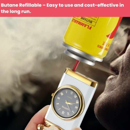 Bricheta Reincarcabila pe Gaz cu Flacara Alba Antivant si Ceas Reglabil Incorporat 7.5 x 3.8 x 1.5 cm Alb cu Auriu – IoArtify.ro [4]