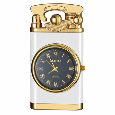Cadouri - Brichetă Reîncărcabilă Mercaton cu Ceas Quartz, Flacără Albă Antivânt, Design Elegant Alb cu Auriu, Compact și Sigur