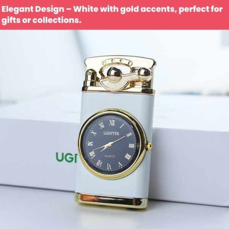 Bricheta Reincarcabila pe Gaz cu Flacara Alba Antivant si Ceas Reglabil Incorporat 7.5 x 3.8 x 1.5 cm Alb cu Auriu – IoArtify.ro [6]
