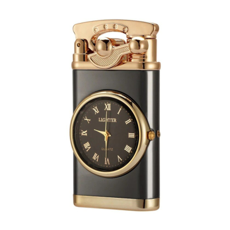 Cadouri diverse - Bricheta Reincarcabila pe Gaz cu Flacara Alba Antivant si Ceas Reglabil Incorporat 7.5 x 3.8 x 1.5 cm Negru cu Auriu – IoArtify.ro