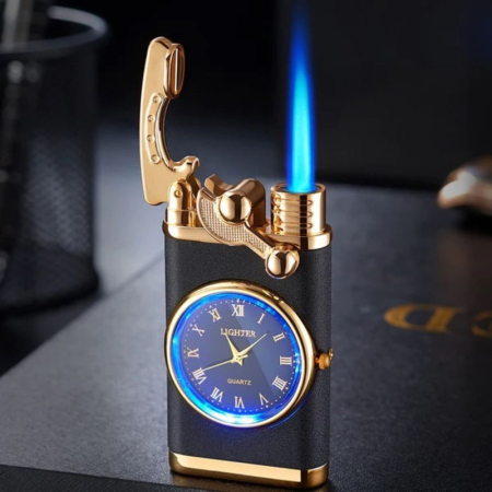 Brichetă Reincarcabila Mercaton cu Ceas Quartz, Flacara Alba Antivant, Design Elegant Negru cu Auriu [9]