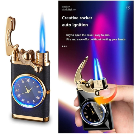Brichetă Reincarcabila Mercaton cu Ceas Quartz, Flacara Alba Antivant, Design Elegant Negru cu Auriu [4]