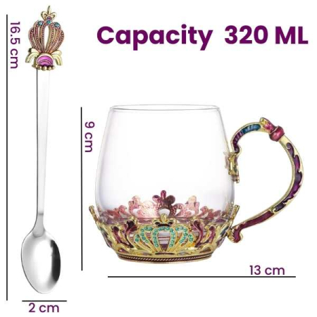 Cana Handmade Crown din Sticla Emailata Transparenta Termorezistenta cu Capac si Lingurita Design Coroana 320 ml – IoArtify.ro [9]
