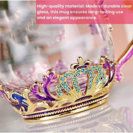 Cana Handmade Crown din Sticla Emailata Transparenta Termorezistenta cu Capac si Lingurita Design Coroana 320 ml – IoArtify.ro [3]