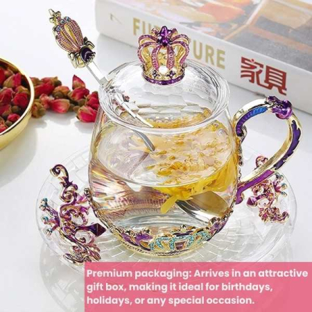 Cana Handmade Crown din Sticla Emailata Transparenta Termorezistenta cu Capac si Lingurita Design Coroana 320 ml – IoArtify.ro [6]