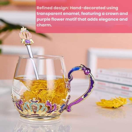 Cana Handmade Crown din Sticla Emailata Transparenta Termorezistenta cu Capac si Lingurita Design Coroana 320 ml – IoArtify.ro [1]