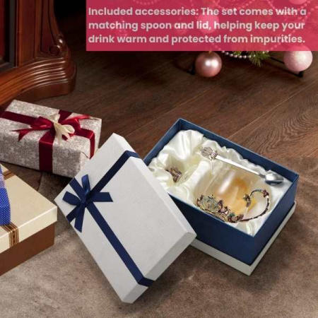 Cana Handmade Crown din Sticla Emailata Transparenta Termorezistenta cu Capac si Lingurita Design Coroana 320 ml – IoArtify.ro [8]