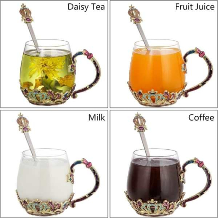 Cana Handmade Crown din Sticla Emailata Transparenta Termorezistenta cu Capac si Lingurita Design Coroana 320 ml – IoArtify.ro [7]