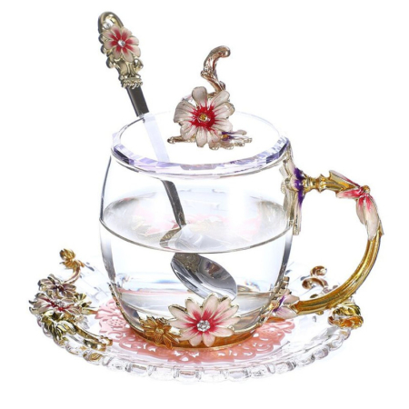 Cana Handmade Fleur-de-Lis din Sticla Emailata Transparenta Termorezistenta 330 ml – IoArtify.ro [1]