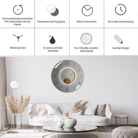 Ceas de Perete 3D Gri cu Rama Aurie – Design Modern, Silentios și Elegant pentru Casa Ta [2]