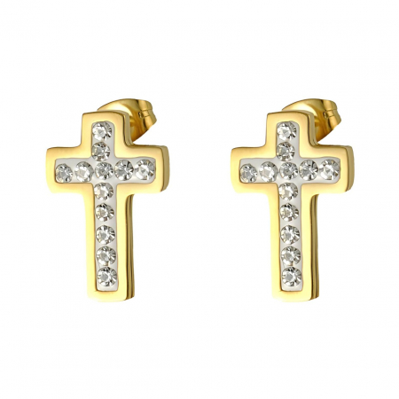 Cercei Inox și AUR - Cercei Cruce din Inox placati cu AUR 18K, Cristale Cubic Zirconia, Eleganță și Durabilitate