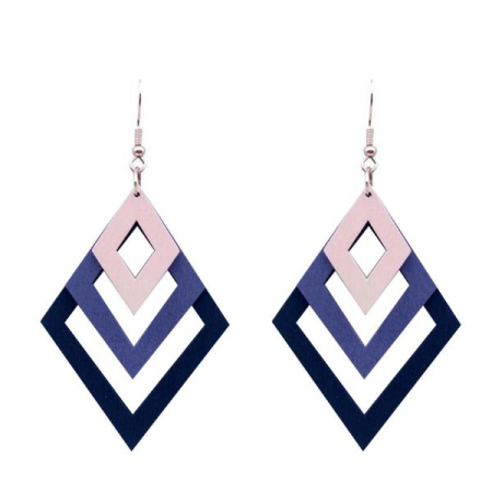 Seturi cercei - Cercei din Lemn cu Forma Geometrica 3 Romburi Mov 11 x 6 cm – IoArtify.ro