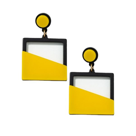 Seturi cercei - Cercei Gold Filigree cu Forma Geometrica Patrat Galben cu Negru 6 cm lungime – IoArtify.ro