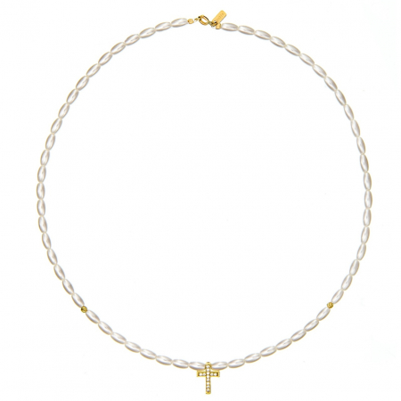 Colier Crystal Cross cu Perle de Mallorca și Cruce din AUR 14K – Eleganță și Rafinament pentru Ocazii Speciale [1]