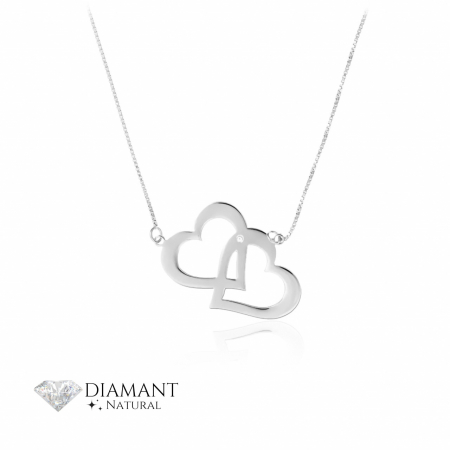 Coliere Argint cu Diamante - Colier din Argint cu Inimioare Duble si Diamant Natural