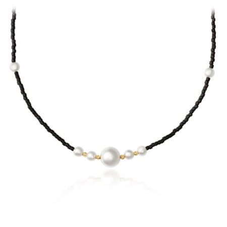 Coliere din AUR 14K - Colier din Aur 14K cu Perle și Miyuki Negre – Eleganță Modernă și Rafinament Clasic