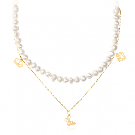 Coliere din AUR 14K - Colier Dublu Crown cu Perle de Cultură și Elemente din Aur 14k – Eleganță și Rafinament