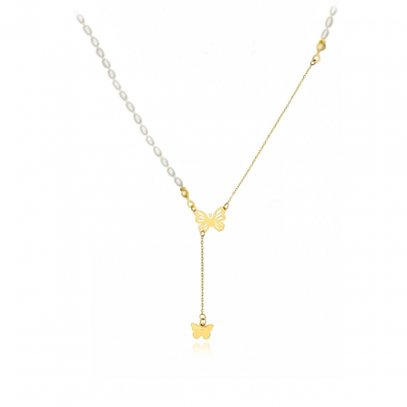 Coliere din AUR 14K - Colier Fly Butterfly cu Perle de Cultură și Aur 14K – Eleganță și Raffinament în Fiecare Detaliu