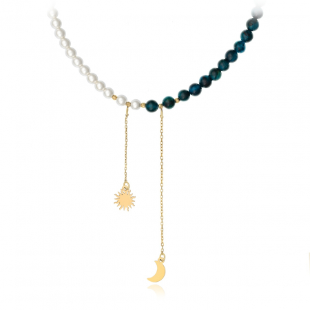 Coliere din AUR 14K - Colier Midnight cu agate, perle de Mallorca și elemente din aur 14K – Eleganță astrală și rafinament