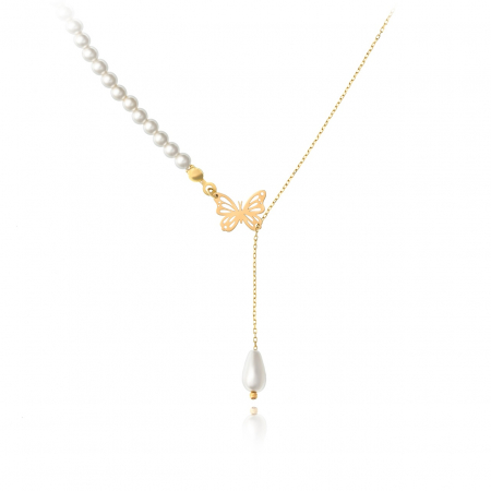 Coliere din AUR 14K - Colier Choker cu Perle și Fluturaș Culiseabil din Aur 14k – Eleganță și Rafinament pentru Femei