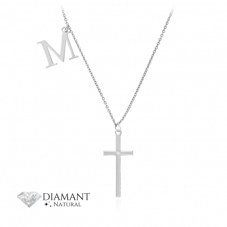 Bijuterii aur, argint, diamante, inox - Colier Your Faith din Argint 925 cu Diamant Natural, Cruce și Inițială Personalizată, Eleganță și Semnificație
