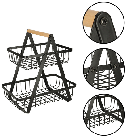 Cos de fructe cu două etaje, pliabil, lemn și metal, negru – depozitare elegantă și practică pentru bucătărie [7]