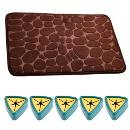 Pachete Promoționale - Covoras de baie cu spuma de memorie Anti-Derapant Ultra-Absorbant 60 x 40 cm Maro si 5 Suporti Impermeabili Autoadezivi cu Sistem Push Free pentru Prosoape 5 x 2.3 cm Verde – IoArtify.ro