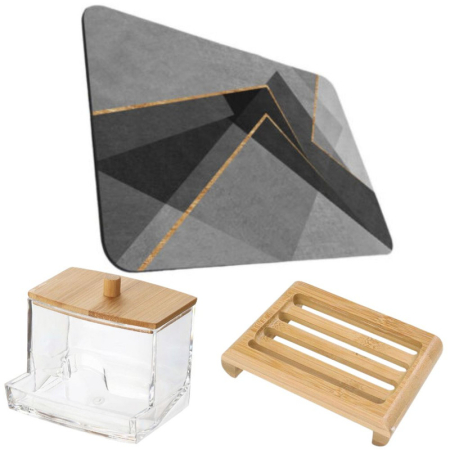 CADOURI, HOBBY & ARTE - Covoraș pentru baie ultra absorbant 50 x 80 cm cu sapunieră din lemn natural bambus și cutie depozitare betisoare ureche - IoArtify.ro