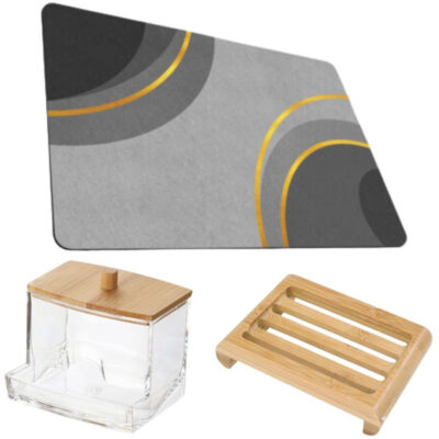 Pachete Promoționale - Covoras pentru baie ultra absorbant anti-alunecare material Diaton Model Cercle 50 x 80 cm cu Sapuniera din lemn natural Bambus si Cutie depozitare pentru betisoare de ureche din plastic cu capac din lemn bambus – IoArtify.ro
