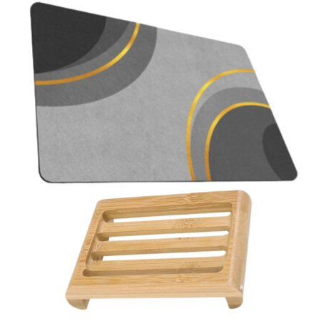 Pachete Promoționale - Covoras pentru baie ultra absorbant anti-alunecare material Diaton Model Cercle 50 x 80 cm si Sapuniera din lemn natural Bambus anti-derapanta 12.5 x 8 cm Maro – IoArtify.ro