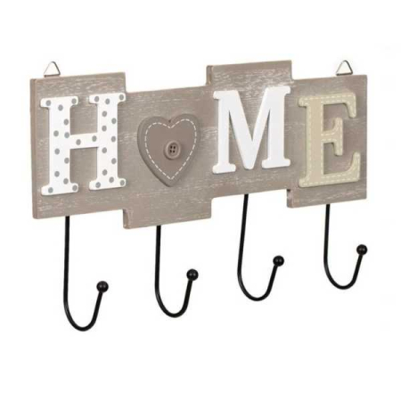 CASĂ, GRĂDINĂ & DIY - Cuier din Lemn cu 4 Carlige Metalice Model Home 28 x 16.5 cm Gri - IoArtify.ro