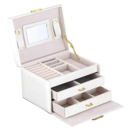 LIFESTYLE & PERSONAL - Cutie de Bijuterii din Piele Ecologica tip Valiza cu 3 Compartimente 17x13x7 cm Crem - IoArtify.ro