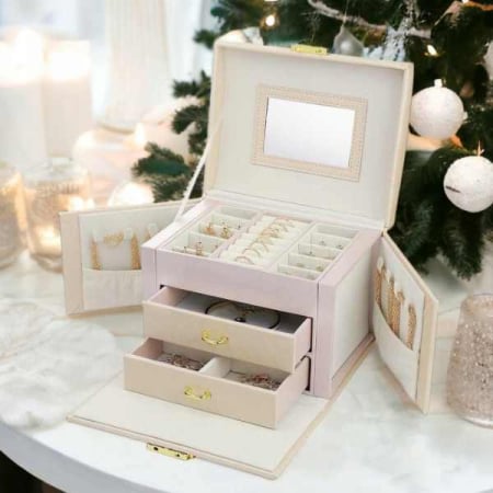 Cutie de Bijuterii Roz în Stil Valiză, 3 Compartimente, Piele Ecologică, Ideală pentru Organizare și Cadouri Elegant [3]