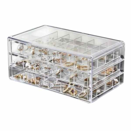 Bijuterii & Accesorii - Cutie Mercaton pentru Depozitarea Bijuteriilor si a Accesoriilor Mici 3 Sertare cu 72 Compartimente Plastic Transparent 23 x 13.5 x 10.5 cm – IoArtify.ro