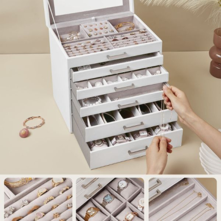 Cutie pentru Bijuterii si Ceasuri cu 5 Sertare si Oglinda din MDF si Catifea 30.2 x 21 x 31.3 cm Alb – IoArtify.ro [6]