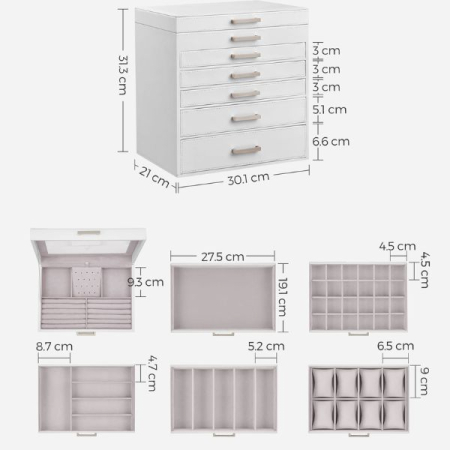 Cutie pentru Bijuterii si Ceasuri cu 5 Sertare si Oglinda din MDF si Catifea 30.2 x 21 x 31.3 cm Alb – IoArtify.ro [7]